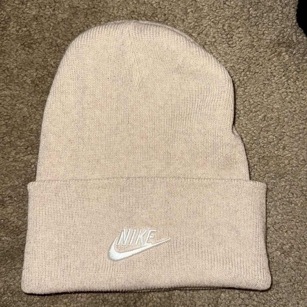 Light tan, Nike beanie, white stitching